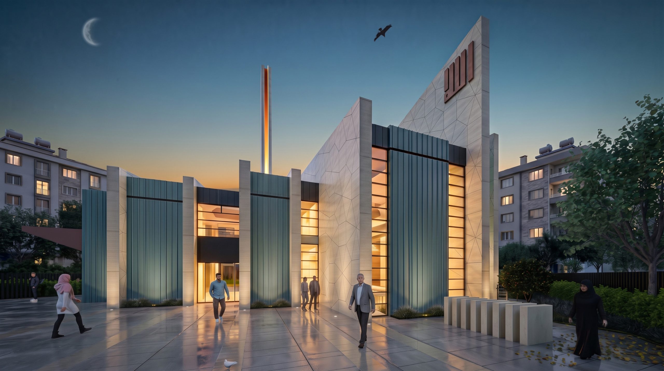 Hz. Ömer Camii akşam görünümü, aydınlatılmış cephe