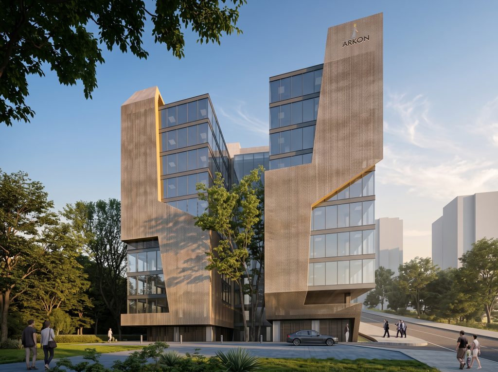 Arkon Fulya Office in evening light, angled facade panels and glazing