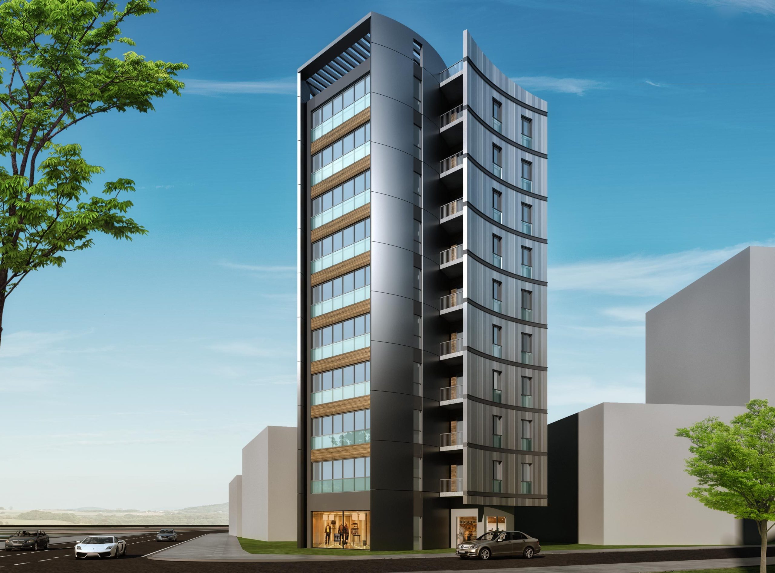 Atike Hanım Apartmanı: kavisli metal cepheli balkonlar ve parlak kompozit yan cephe, üç boyutlu görselleştirme