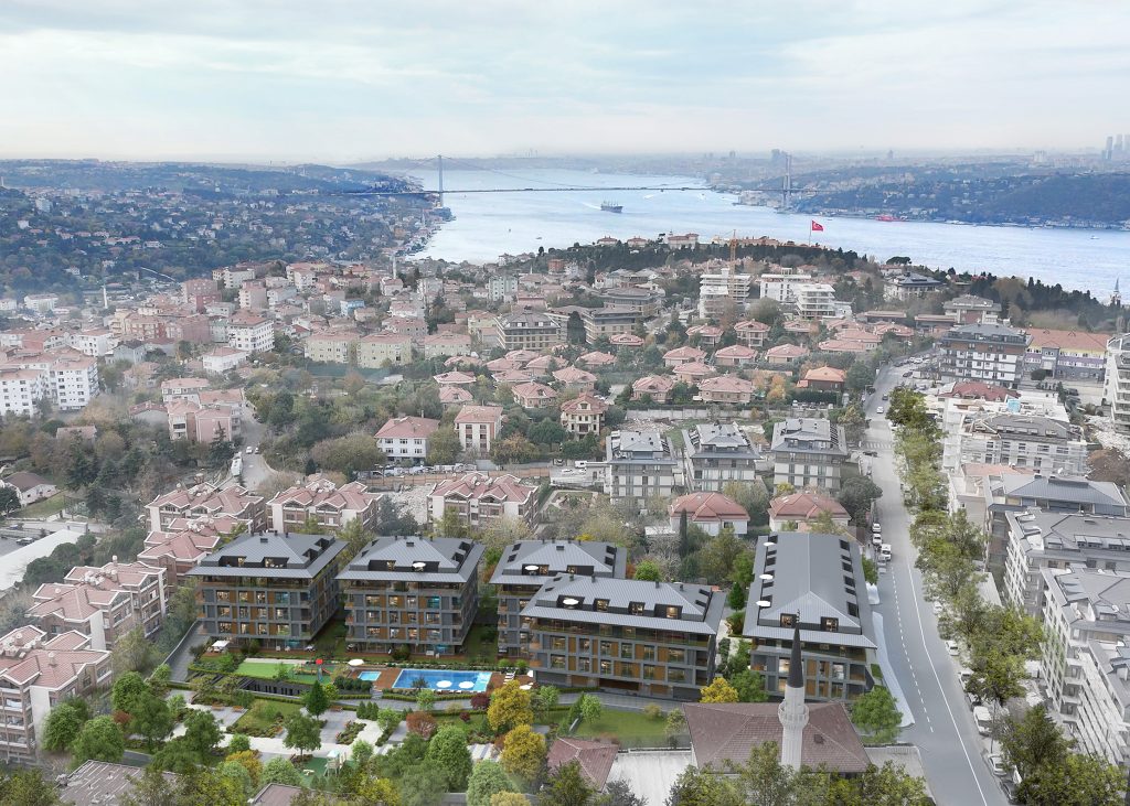 Aerial view of Liparis Çengelköy: the built fabric of Çengelköy, with the Bosphorus and the bridge behind